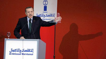 Der Ministerpräsident der Türkei, Recep Tayyip Erdogan, spricht auf einem Wirtschaftsforum in Istanbul. Die Türkei erhofft sich von dem Freihandelsabkommen Vorteile für den Export.