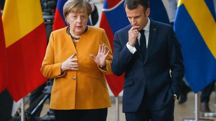 Bundeskanzlerin Angela Merkel (CDU) und Frankreichs Präsident Emmanuel Macron beim EU-Gipfel in Brüssel.