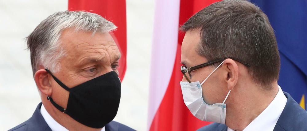 Mateusz Morawiecki (r), Premierminister von Polen, begrüßt Viktor Orban, Premierminister von Ungarn.