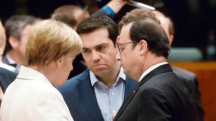 Bundeskanzlerin Angela Merkel, Griechenalnds Premier Alexis Tsipras und Frankreichs Präsident Francois Hollande in Brüssel bei Griechenland-Verhandlungen.