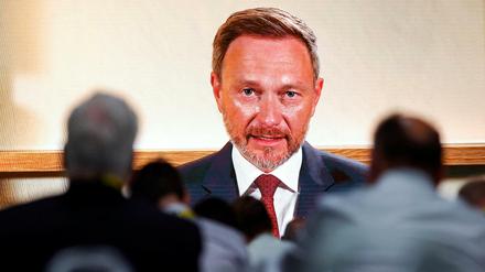 Finanzminister Lindner virtuell zugeschaltet auf dem FDP-Parteitag. 