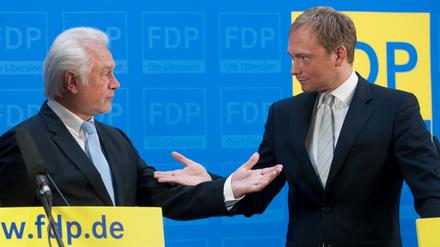Schleswig-Holsteins damaliger FDP-Fraktionsvorsitzender Wolfgang Kubicki und der damalige FDP-Spitzenkandidat für die NRW-Wahl Christian Lindner 2012 in Berlin.