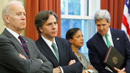 Eingespieltes Team in der globalen Klimapolitik: Präsident Joe Biden, Außenminister Antony Blinken und, ganz rechts, der Klimabeauftragte und frühere Außenminister John Kerry. 