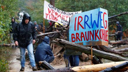 Aktivisten bauen eine Barrikade im Hambacher Forst.