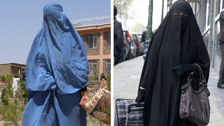 Das Verbot betrifft Trägerinnen von Burka (links) oder Nikab (rechts), aber auch vermummte Hooligans.