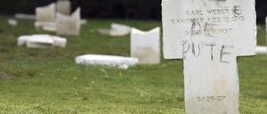 "Hurenrasse" steht auf dem Kreuz für dieses deutsche Soldatengrab. Im Hintergrund umgestoßene und zerstörte Grabkreuze.