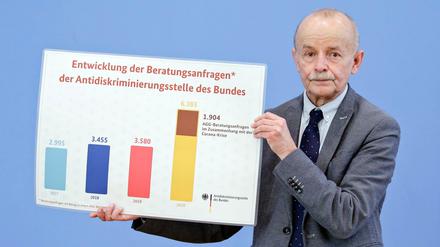 Der kommissarische Leiter der ADS, Bernhard Franke, mit einem Schaubild zum Jahresbericht seiner Antidiskriminierungsstelle