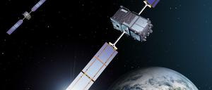 Animation der ersten beiden Satelliten des europäischen Navigationssystems Galileo in der geostationären Erdumlaufbahn. 