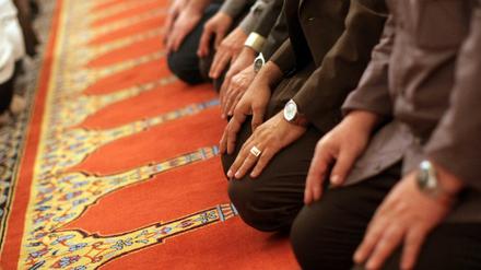 Gläubige Muslime beten im Gebetsraum einer deutschen Moschee.
