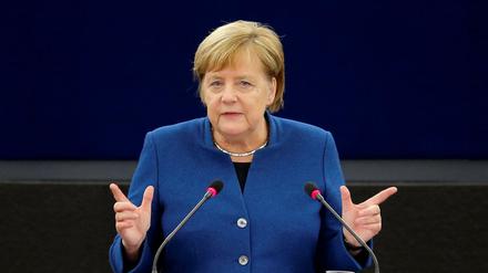 Bundeskanzlerin Merkel am Dienstag bei ihrer Rede vor den EU-Abgeordneten in Straßburg.