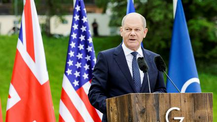 Olaf Scholz am 28. Juni auf der Pressekonferenz zum Abschluss des G7-Gipfels.