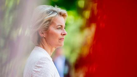German Defence Minister Ursula von der Leyen waits to welcome participants in a meeting of the "Northern Group" defence ministers at Villa Borsig in the north of Berlin on June 25, 2019. (Photo by Christoph Soeder / dpa / AFP) / Germany OUT