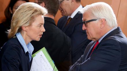 Ursula von der Leyen (Verteidigungsministerin, CDU) und Frank-Walter Steinmeier (Außenminister, SPD) haben einen Konflikt.