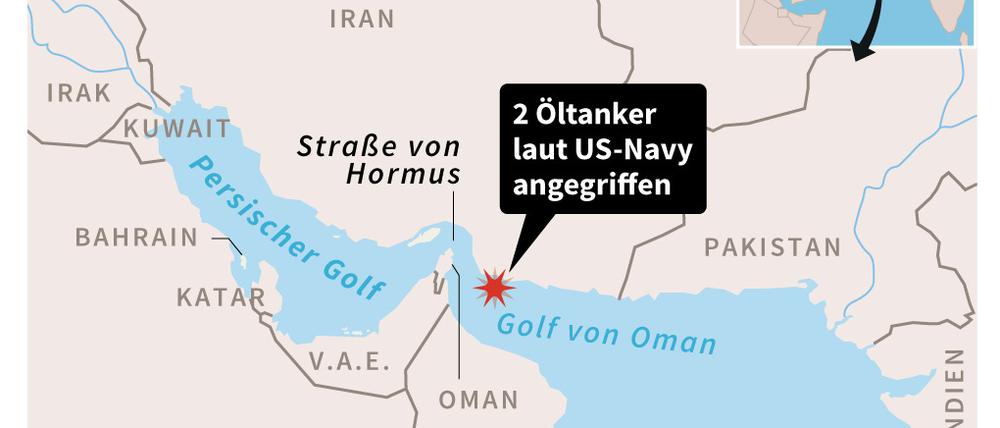 US-Flotte: Zwei Schiffe im Golf von Oman angegriffen. Die Golfregion mit Lokalisierung der Vorfälle.