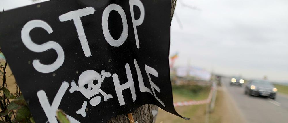 Ein Plakat mit Aufschrift "Stop Kohle" hängt am Rande des Hambacher Forstes.