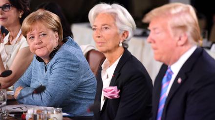 Kanzlerin Angela Merkel, IWF-Chefin Christine Lagarde und US-Präsident Trump beim G7-Gipfel