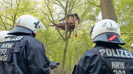Front im Wald: RWE will für den Tagebau roden, Aktivisten wollen die letzten Reste des Forsts retten. Die Polizei schreitet ein.