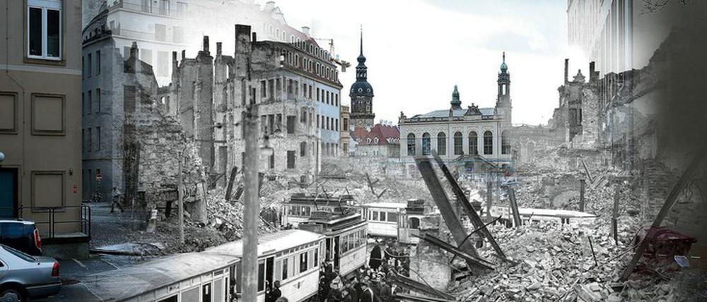 Zerstörung und Wiederaufbau: Die digitale Komposition vermischt ein Bilder der Dresdner Moritzstraße von 1946 und 2015.