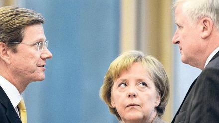 Profilierung in Schwarz-Gelb. Bundeskanzlerin Angela Merkel mit ihren Partnern Horst Seehofer (CSU, rechts) und Guido Westerwelle (FDP) am Rande der Koalitionsverhandlungen im vergangenen Herbst in Berlin. Foto: dpa