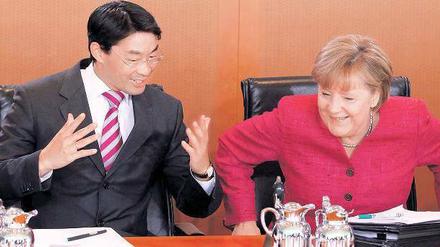 Irgendwie einig. Vizekanzler Philipp Rösler (FDP) und Bundeskanzlerin Angela Merkel (CDU) reden wieder über Steuersenkungen. 
