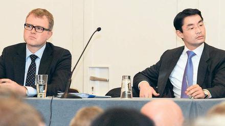 Keine gemeinsame Basis. Der Bundesvorsitzende der FDP, Philipp Rösler (rechts), und der Initiator des Mitgliederentscheids, Frank Schäffler.