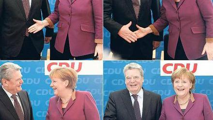 Szenen einer Ehre. Endlich akzeptiert auch Angela Merkel den Kandidaten Joachim Gauck. Woraufhin dieser nach dem Treffen mit der Kanzlerin fröhlich bekannte, dass für ihn „nun die Sonne scheint“. Foto: Fabrizio Bensch/Reuters