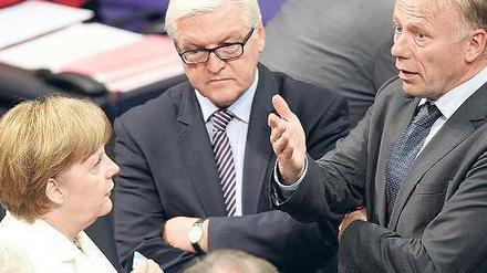 Kaum Vorfreude auf die nächsten Konflikte im Bundestag: Bundeskanzlerin Angela Merkel (CDU) unterhält sich am Freitag mit den Fraktionschefs von SPD und Grünen, Frank-Walter Steinmeier (Mitte) und Jürgen Trittin.