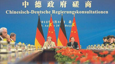 In großer Runde. Wenn Chinas und Deutschlands Regierungen tagen, will jeder dabei sein. Berlin reiste mit sieben Ministern an, Peking schickte sogar acht. Foto: Oliver Lang/dapd