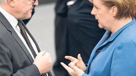 Wer weiß was? Kanzlerin Merkel und SPD- Fraktionschef Steinmeier. Foto: Reuters