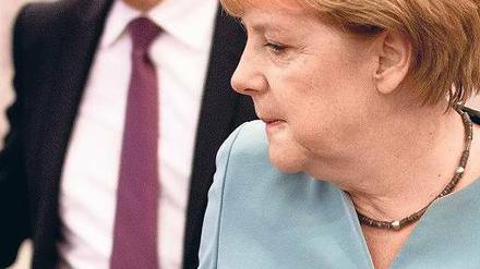 In Verteidigungshaltung. Außenminister Guido Westerwelle (FDP) und Kanzlerin Angela Merkel (CDU) sehen sich in der Syrienfrage auf der richtigen Seite. Foto: Kay Nietfeld/dpa