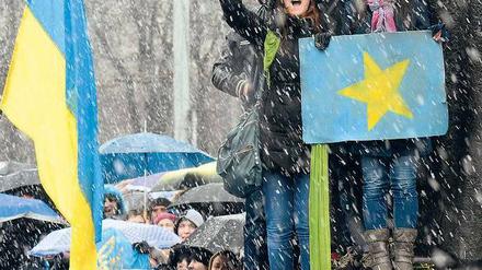 Unerschrocken. Trotz Kälte und heftigen Schneetreibens versammeln sich in vielen Städten der Ukraine pro-europäische Demonstranten. Foto: AFP