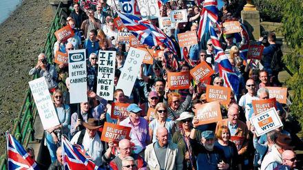 Unverdrossen. Anhänger eines harten Brexit demonstrieren am Freitag entlang der Themse zum Unterhaus in London. 