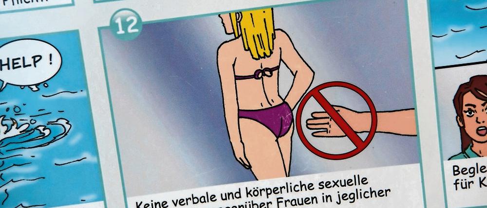 Infokampagne der Münchner Bäder - die Verhaltensregeln gibt es in mehreren Sprachen, unter anderem auf Arabisch