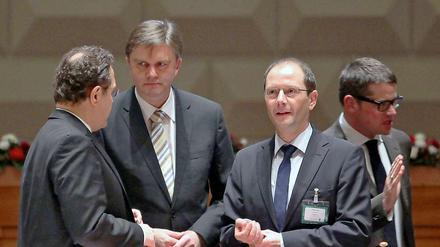 Bundesinnenminister Hans-Peter Friedrich (CSU) sowie die Innenminister von Niedersachsen, Uwe Schünemann, von Sachsen, Markus Ulbig, und von Hessen, Boris Rhein (alle CDU), während der Innenministerkonferenz.