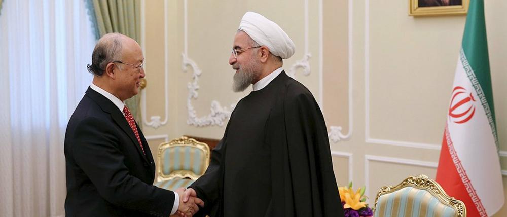 Der Chef der Internationalen Atomenergiebehörde Yukiya Amano (links) wird vom iranischen Präsidenten Hassan Rouhani begrüßt. 