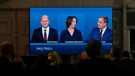 Wortschlacht vor Zuschauern: Olaf Scholz, Annalena Baerbock und Armin Laschet beim TV-Triell Mitte September.