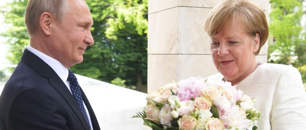 Wladimir Putin überreicht Angela Merkel bei einem Treffen in Sotschi einen Blumenstrauß. 