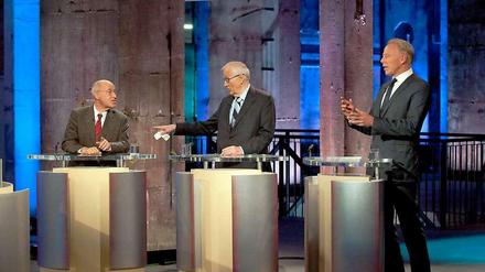 Alle reden gleichzeitig: Gregor Gysi (Die Linke, links), Rainer Brüderle (FDP) und Jürgen Trittin (Die Grünen, rechts) im "kleinen Duell". 