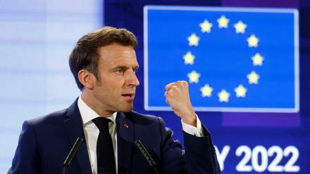 Emmanuel Macron, Präsident von Frankreich, hält während der Konferenz zur Zukunft Europas eine Rede. 