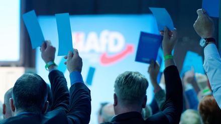 Da war noch kein Abstandhalten nötig: Delegierte halten beim Landesparteitag der AfD in Nordrhein-Westfalen ihre Stimmkarten hoch. 