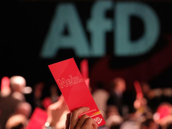 Dagegen. Stimmkarte beim Europaparteitag der AfD.