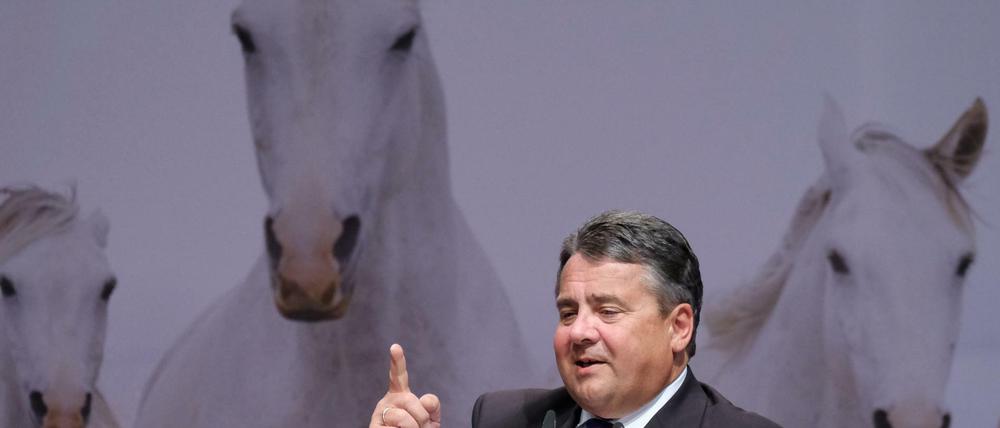 Schimmel im Rücken. Der Bundesvorsitzende der SPD, Sigmar Gabriel, am 09.04.2016 während des Landesparteitages der SPD in Braunschweig. 