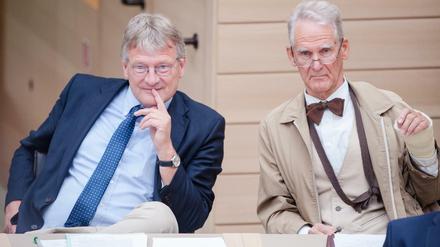 Der frühere AfD-Fraktionschef Jörg Meuthen (l.) sitzt neben seinem AfD-Kollegen Heinrich Kuhn im Landtag in Stuttgart in der letzten Reihe.