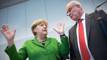 Kanzlerin Merkel und Unionsfraktionschef Kauder wollen den Eindruck der Basis entkräften, die Union verkaufe sich in den Koalitionsgesprächen unter Wert.