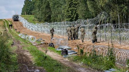 Polen rüstet die Außengrenze der EU zu Belarus mit Stacheldraht auf. 