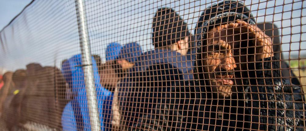 Flüchtlinge stehen auf der griechischen Seite der Grenze zwischen Griechenland und Mazedonien nach Lebensmitteln an. 