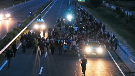 Flüchtlinge laufen auf der ungarischen Autobahn M5 in Richtung Budapest, nachdem sie zuvor aus einer Sammelstelle ausgebrochen sind. 
