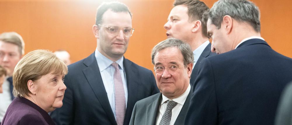 Die Unions-Riege: Angela Merkel (CDU), Jens Spahn (CDU), Armin Laschet (CDU) und Markus Söder (CSU, von links nach rechts).