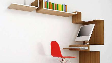 Effizient. Die K Workstation aus Sperrholz mit Bambusfurnier von MisoSoupDesign eignet sich besonders für kleine Räume. Das "gefaltete" Holzbrett bildet Buchablage und Arbeitsplatz in einem.