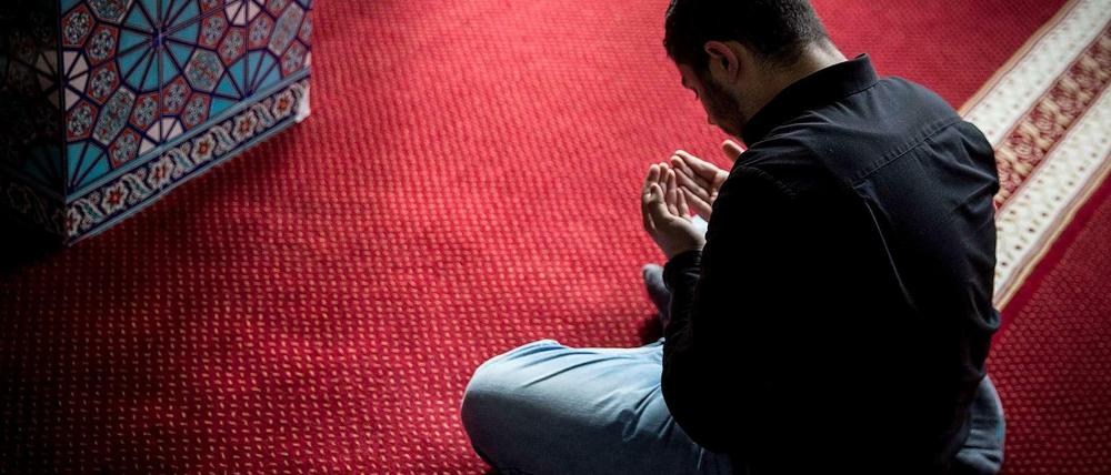 Ein betender Mann am "Tag der offenen Moschee" in Hamburg.